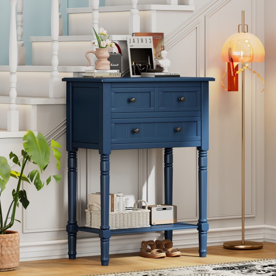 TREXM Narrow Console Table, Slim Sofa Table with Three Storage Drawers and Bottom Shelf (Navy)