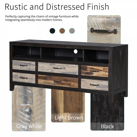 U-Can Retro Distressed Wooden TV Stand for TVs up to 65 Inches, Entertainment Center Media Console with 6 Drawers and 3 Shelves for Living room, Black