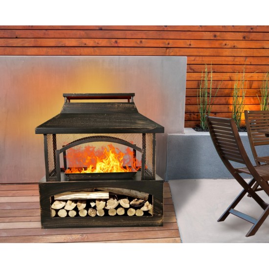 37-Inch Rectangular Metal Outdoor Wood Burning Fireplace - Outdoor Fireplace with Built-in Log Storage and Poker-Brushed Bronze,Log Burner Fire Pit for Patio Garden And Backyard