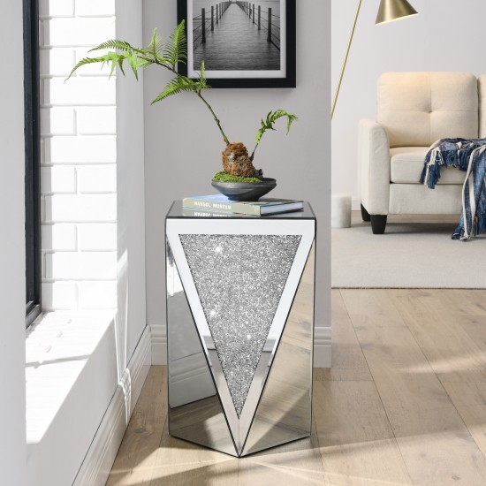 Inverted triangular mirror square table, crystal diamond inlaid coffee table, silver glass side table suitable for corridors, living rooms, corners, bedrooms, sofas