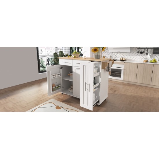 K&K Kitchen Island with Drop Leaf, Kitchen Storage Cart with 3 Tier Pull Out Cabinet Organizer, Internal Storage Rack, Rolling Kitchen Cart on Wheels with Towel Rack, 2 Drawers, for Kitchen, White