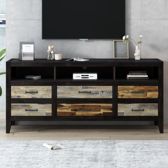 U-Can Retro Distressed Wooden TV Stand for TVs up to 65 Inches, Entertainment Center Media Console with 6 Drawers and 3 Shelves for Living room, Black