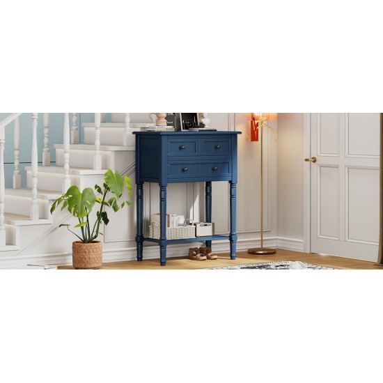 TREXM Narrow Console Table, Slim Sofa Table with Three Storage Drawers and Bottom Shelf (Navy)