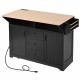 K&K 55.7'' Large Kitchen Island with 2 Drop Leaf,, Rolling Kitchen Cart on 5 Wheels with Power Outlet, Folding Storage Dining Table with Spice & Towel Rack , 3 Drawers, for Kitchen, Dining Room,Black