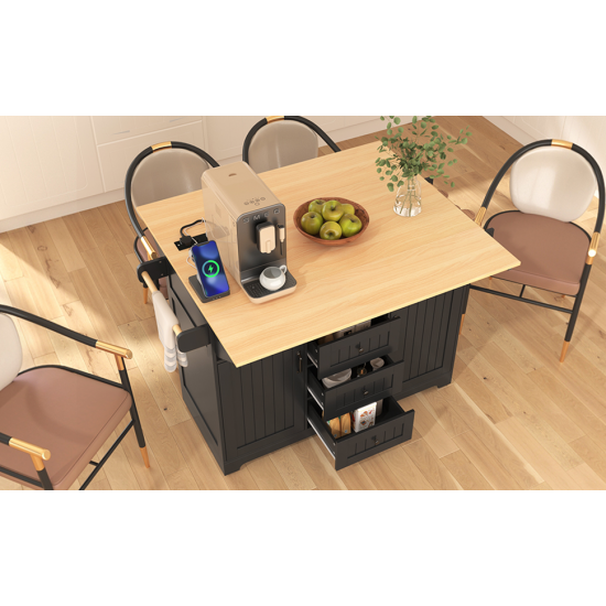 K&K 55.7'' Large Kitchen Island with 2 Drop Leaf,, Rolling Kitchen Cart on 5 Wheels with Power Outlet, Folding Storage Dining Table with Spice & Towel Rack , 3 Drawers, for Kitchen, Dining Room,Black