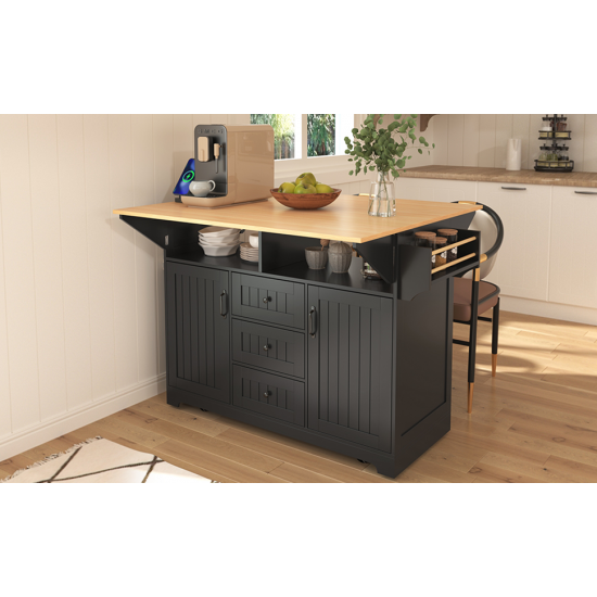 K&K 55.7'' Large Kitchen Island with 2 Drop Leaf,, Rolling Kitchen Cart on 5 Wheels with Power Outlet, Folding Storage Dining Table with Spice & Towel Rack , 3 Drawers, for Kitchen, Dining Room,Black