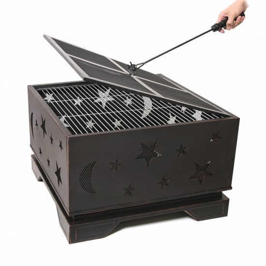 26 Inch Square Fire Pit with BBQ Grill, Outdoor Wood Burning Firepit with Poker, Large Burning Space Fireplace for Patio Garden Camping Backyard Picnic Bonfire