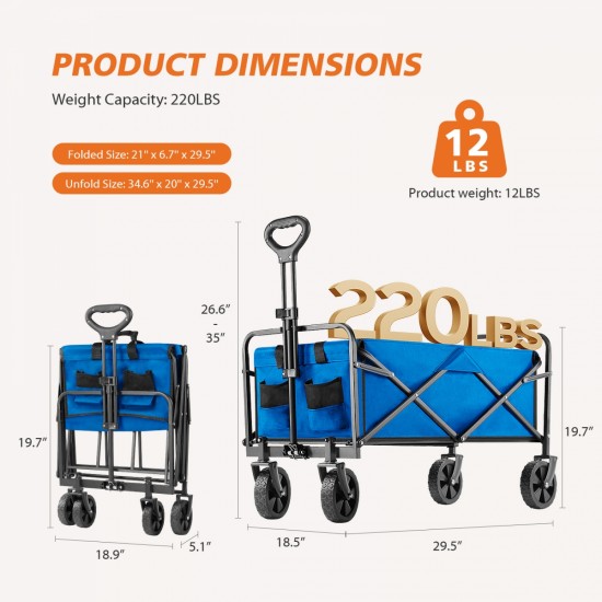 Folding Wagon Cart with Wheels,  Foldable Grocery Cart,small,blue