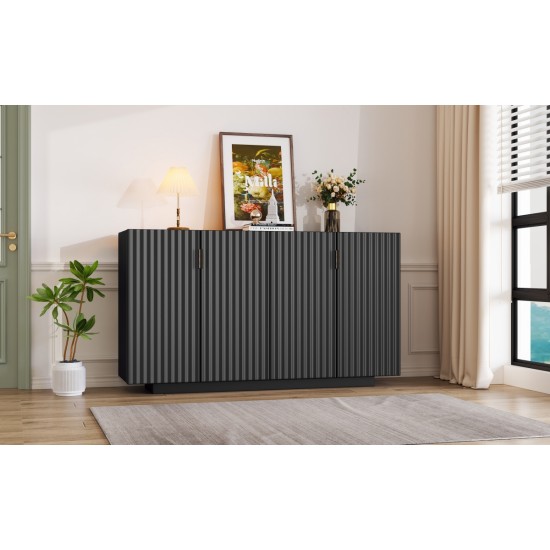 TREXM 4 Wavy Doors Ample Storage Space Sideboard with Adjustable Shelves and Retro Copper Handles for Dining Room and Living Room (BLACK)