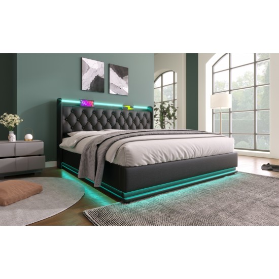 Queen size Upholstered bed, 360 surround LED function, Buttons/Apps/Remote Control, hydraulic storage bed with USB Type-C charging, Black,PU (Without mattress)