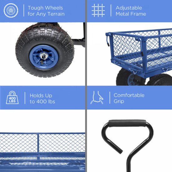 3 cu. ft. 300 lbs. Capacity Removable Sides Metal Steel Mesh Heavy Duty Utility Wagon Outdoor Garden Cart in Blue