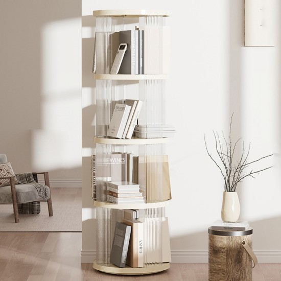 360° Rotating Bookshelf, Small Corner Bookcase with Small Footprint, 4 Tier Floor Standing Bookcasefor Kids&Adults,  Narrow Book Shelf Organizer for Bedroom, Living Room, Round, White