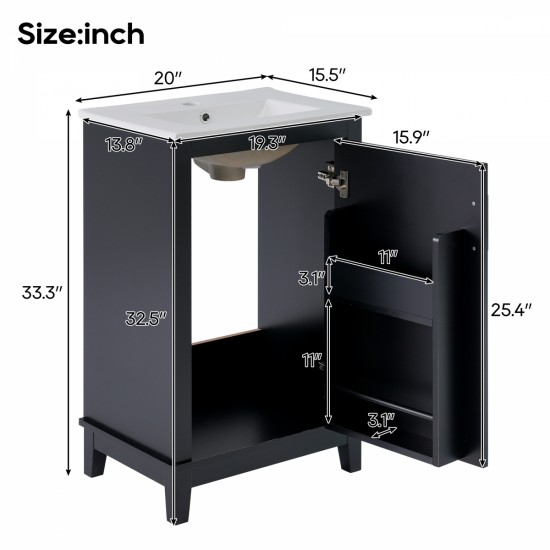 [Viedo] 20 Inch Modern Small Bathroom Vanity Cabinet With Ceramic Basin- 20*15.5*33.3 Inches,Ample Storage,1 Soft Close Door