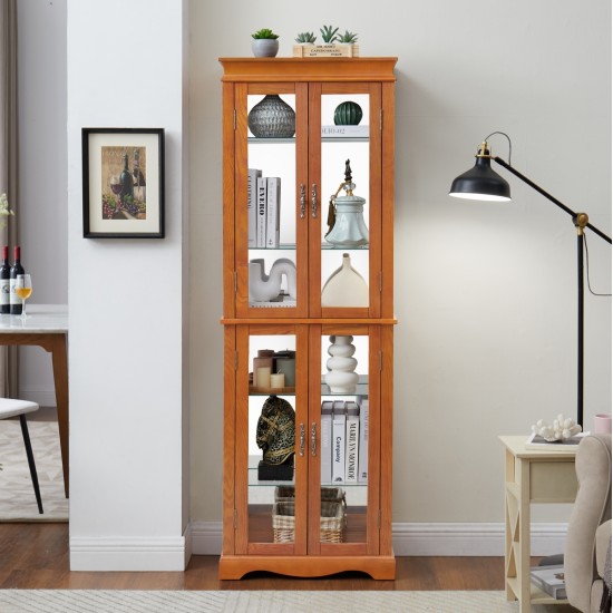 Lighted Glass Curio Display Cabinet,Display Cabinet,Glass Storage Cabinet Glass Wine cabinet Wood Frame Toy Display for Living Room, Kitchen, Pantry light bulb included OAK