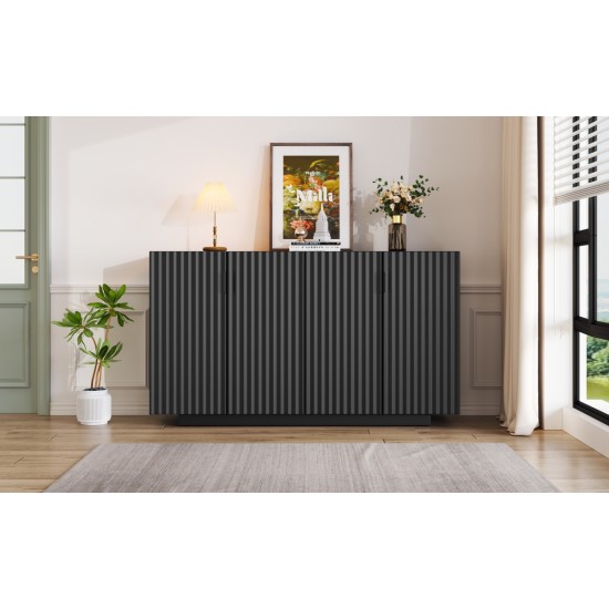 TREXM 4 Wavy Doors Ample Storage Space Sideboard with Adjustable Shelves and Retro Copper Handles for Dining Room and Living Room (BLACK)