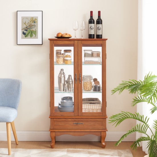 Lighted Glass Cabinet Glass Wine Cabinet Curio Display Cabinet with Adjustable Glass Shelves 2 Doors and 1 drawer Cabinet Bulb Included OAK