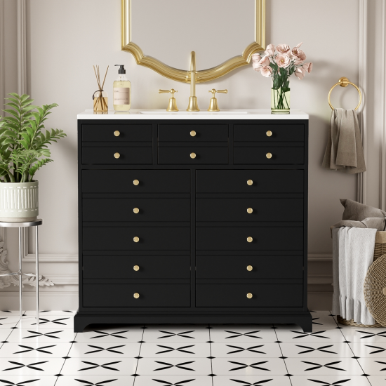 36'' Bathroom Vanity with Resin Sink Combo, Solid Wood Frame Bathroom Storage Cabinet, Freestanding Vanity Set with 2 Drawers& Soft Closing Doors, Black