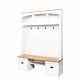 ON-TREND Farmhouse 4-in-1 Hall Tree with Wood Grain Bench and Top, Multifunctional Coat Rack with Black Hooks and Shell Handles, Mudroom Bench with Adjustable Shelves for Hallway, Living Room, White