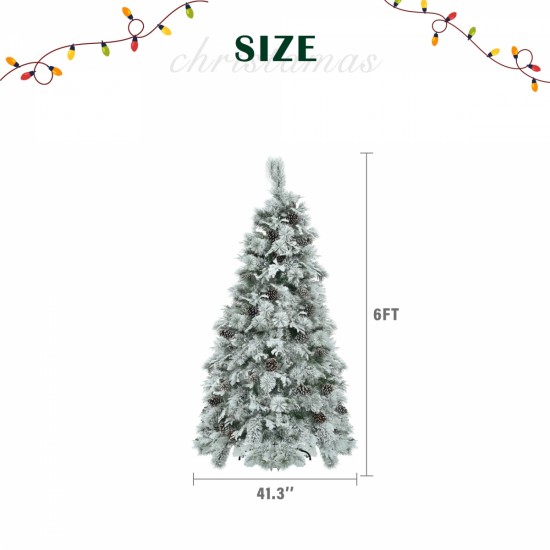 6FT Pre-Lit Spruce Snow Flocked Christmas Tree with Pine Cones, Artificial Xmas Tree with 403 Branch Tips,Mixed PE & PVC Branches, 250 Multi-Color LED Lights, 11 Flashing Modes, Holiday Décor