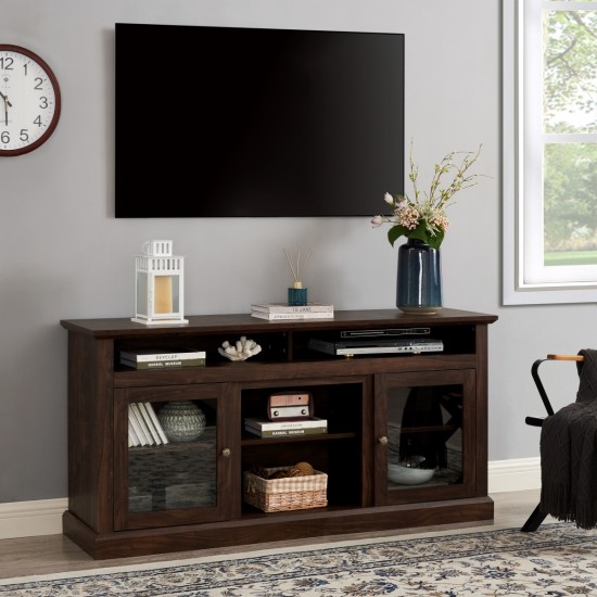 Modern TV Stand Media Stand Modern Entertainment Console for TV Up to 65 Inch  with Glass Door Open and Closed Storage Space, Brown, 60 Inch W*15.75 Inch D*29 Inch H