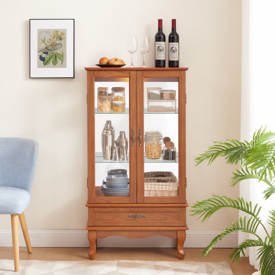 Lighted Glass Cabinet Glass Wine Cabinet Curio Display Cabinet with Adjustable Glass Shelves 2 Doors and 1 drawer Cabinet Bulb Included OAK