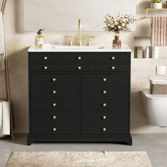 36'' Bathroom Vanity with Resin Sink Combo, Solid Wood Frame Bathroom Storage Cabinet, Freestanding Vanity Set with 2 Drawers& Soft Closing Doors, Black