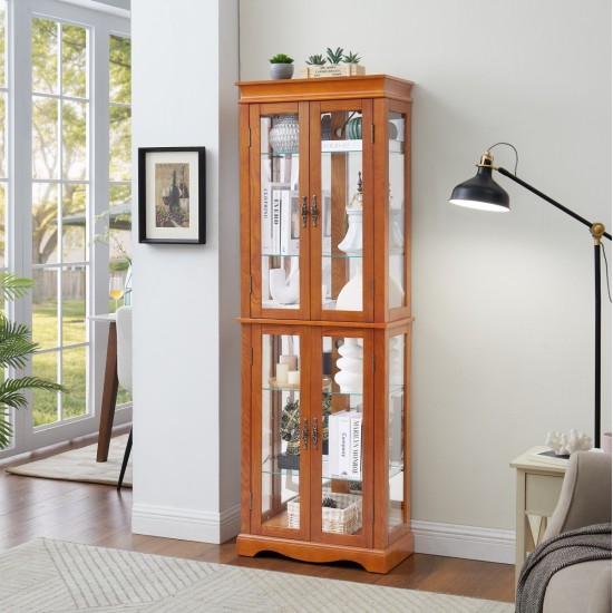 Lighted Glass Curio Display Cabinet,Display Cabinet,Glass Storage Cabinet Glass Wine cabinet Wood Frame Toy Display for Living Room, Kitchen, Pantry light bulb included OAK