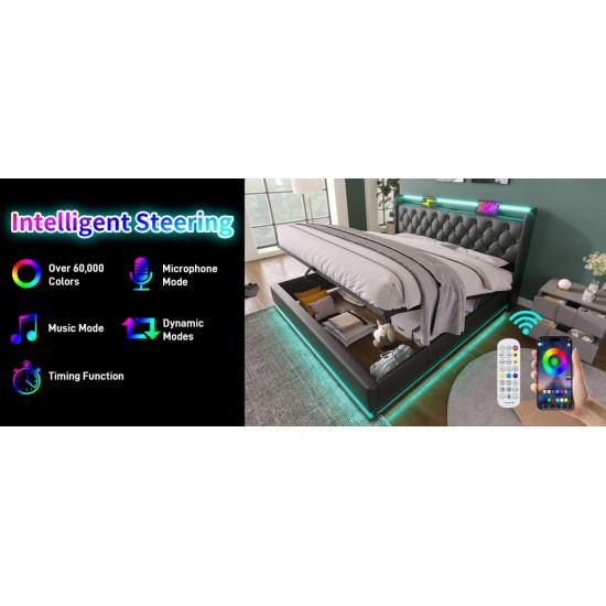 Queen size Upholstered bed, 360 surround LED function, Buttons/Apps/Remote Control, hydraulic storage bed with USB Type-C charging, Black,PU (Without mattress)