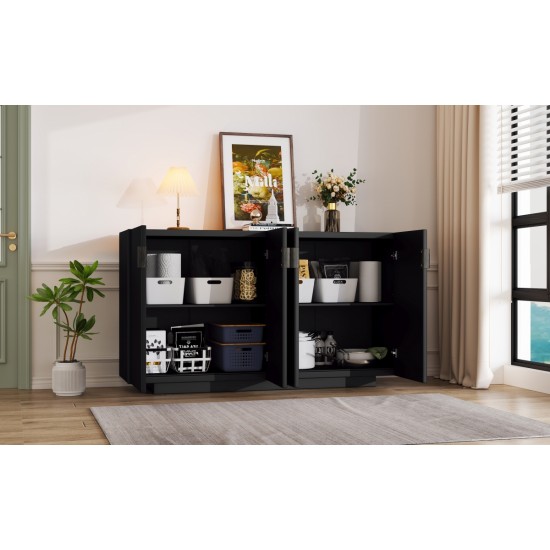 TREXM 4 Wavy Doors Ample Storage Space Sideboard with Adjustable Shelves and Retro Copper Handles for Dining Room and Living Room (BLACK)