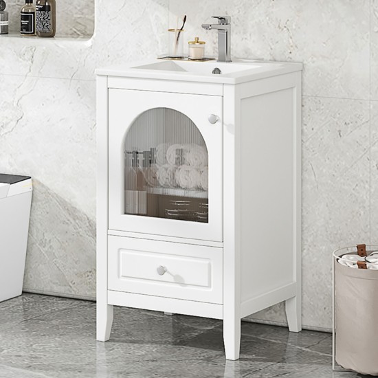 20 Inch  Bathroom Vanity with Sink, Bathroom Cabinet with Soft Closing Glass Door, A Drawer, White