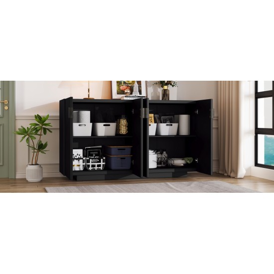 TREXM 4 Wavy Doors Ample Storage Space Sideboard with Adjustable Shelves and Retro Copper Handles for Dining Room and Living Room (BLACK)