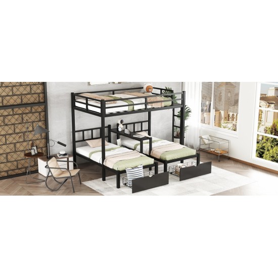 FULL XL Over Twin & Twin Triple Bunk Bed with Drawers, Multi-functional Metal Frame Bed with desks and shelves in the middle, Black