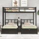 FULL XL Over Twin & Twin Triple Bunk Bed with Drawers, Multi-functional Metal Frame Bed with desks and shelves in the middle, Black