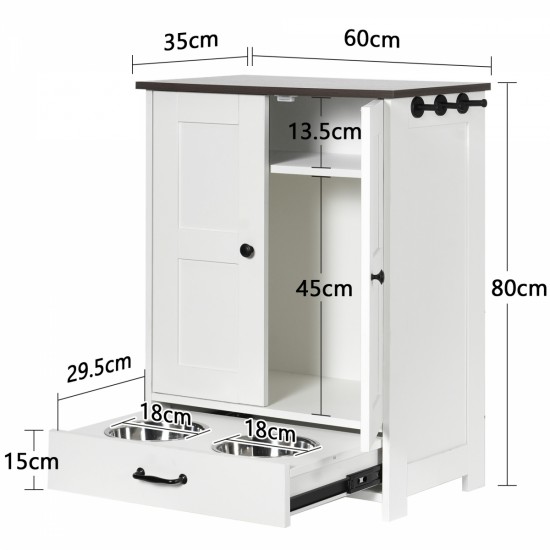 Dog Feeding Station, Dog Food Storage Cabinet with Hidden Dog Bowls, Adjustable Panel, Hooks, for Medium Sized Dogs, White