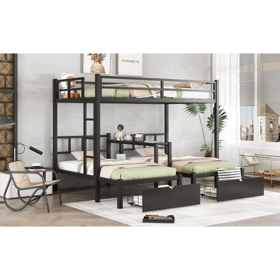 FULL XL Over Twin & Twin Triple Bunk Bed with Drawers, Multi-functional Metal Frame Bed with desks and shelves in the middle, Black