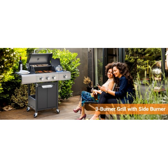 Propane Grill 3 Burner Barbecue Grill Stainless Steel Gas Grill with Side Burner and Cover for Outdoor BBQ, Camping