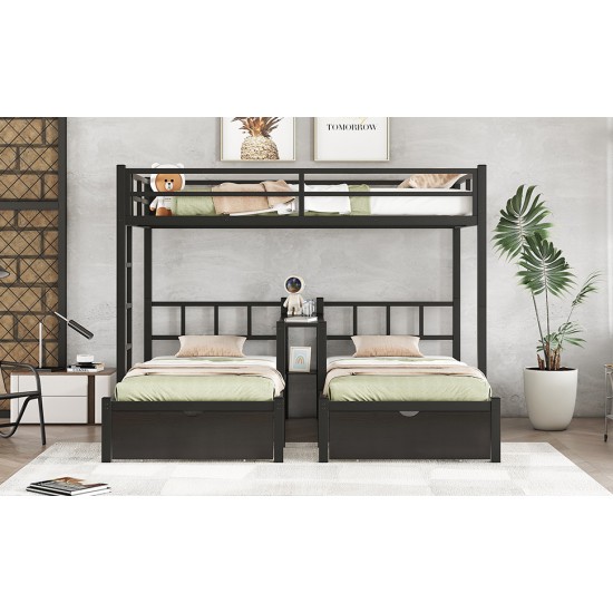 FULL XL Over Twin & Twin Triple Bunk Bed with Drawers, Multi-functional Metal Frame Bed with desks and shelves in the middle, Black