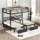 FULL XL Over Twin & Twin Triple Bunk Bed with Drawers, Multi-functional Metal Frame Bed with desks and shelves in the middle, Black