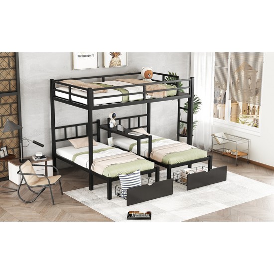 FULL XL Over Twin & Twin Triple Bunk Bed with Drawers, Multi-functional Metal Frame Bed with desks and shelves in the middle, Black