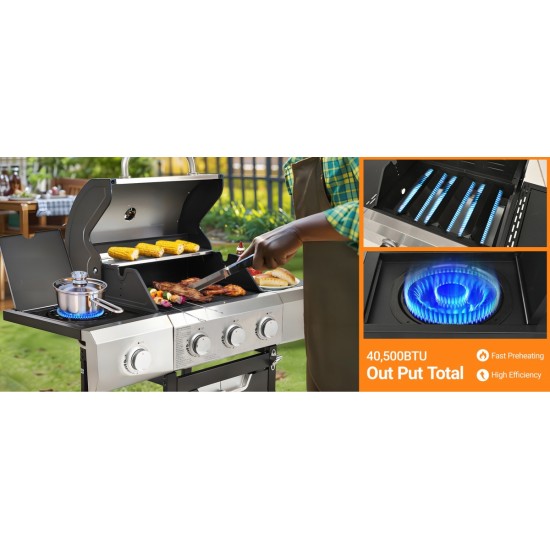 Propane Grill 3 Burner Barbecue Grill Stainless Steel Gas Grill with Side Burner and Cover for Outdoor BBQ, Camping