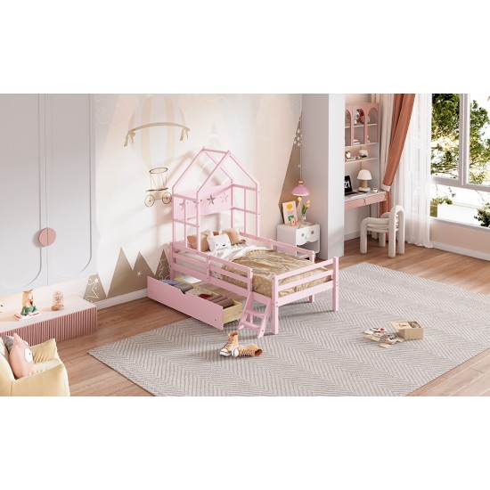 Wood Twin Size House Platform Bed with Guardrail and Drawer, Pink(Expected Arrival Time: 10.7)