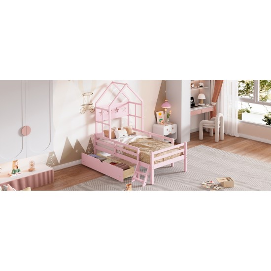 Wood Twin Size House Platform Bed with Guardrail and Drawer, Pink(Expected Arrival Time: 10.7)