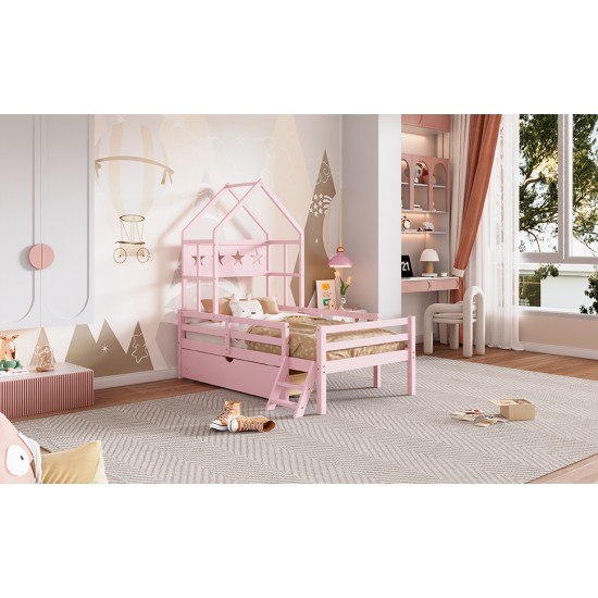 Wood Twin Size House Platform Bed with Guardrail and Drawer, Pink(Expected Arrival Time: 10.7)