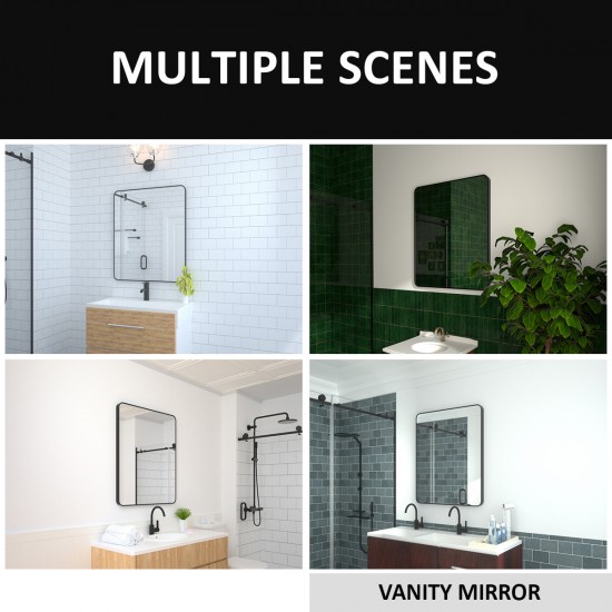 30x36 In. Aluminum Framed Rounded Rectangle Bathroom Wall Mirror, Matte Black Bathroom Vanity Mirror Farmhouse, Anti-Rust, Tempered Glass mirrors, Hangs Horizontally or Vertically