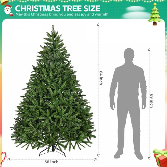 7ft Artificial Christmas Tree, Premium Unlit Hinged Spruce Full Tree with 2231 Branch Tips, Metal Stand, Hinged Structure, Easy Assembly Festival Celebration Xmas Tree for Home, Office, Party