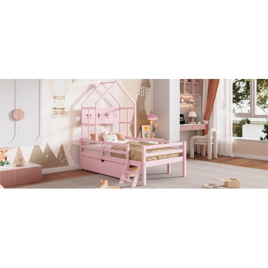 Wood Twin Size House Platform Bed with Guardrail and Drawer, Pink(Expected Arrival Time: 10.7)