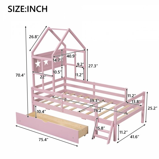 Wood Twin Size House Platform Bed with Guardrail and Drawer, Pink(Expected Arrival Time: 10.7)