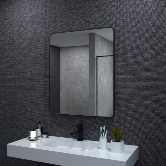 30x36 In. Aluminum Framed Rounded Rectangle Bathroom Wall Mirror, Matte Black Bathroom Vanity Mirror Farmhouse, Anti-Rust, Tempered Glass mirrors, Hangs Horizontally or Vertically