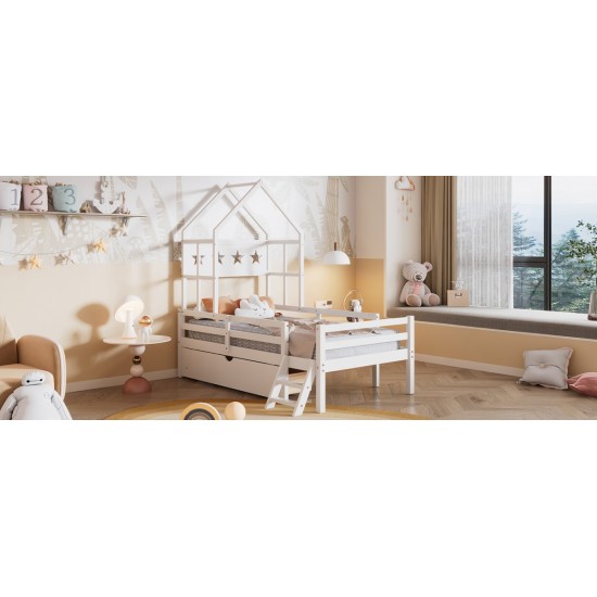 Wood Twin Size House Platform Bed with Guardrail and Drawer, White(Expected Arrival Time: 10.7)