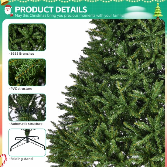 9ft Artificial Christmas Tree, Premium Unlit Hinged Full Tree with 3655 Branch Tips, Metal Stand, Hinged Structure, Easy Assembly Festival Celebration Xmas Tree for Home, Office, Party